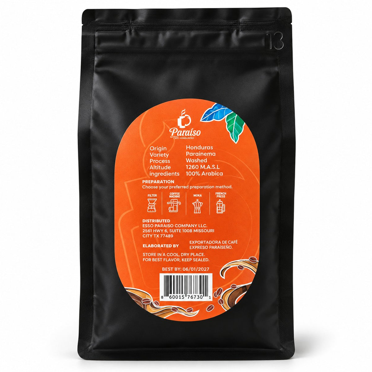 16 oz Paraiso Coffee Beans - Medium Roast Premium Whole Bean Coffee