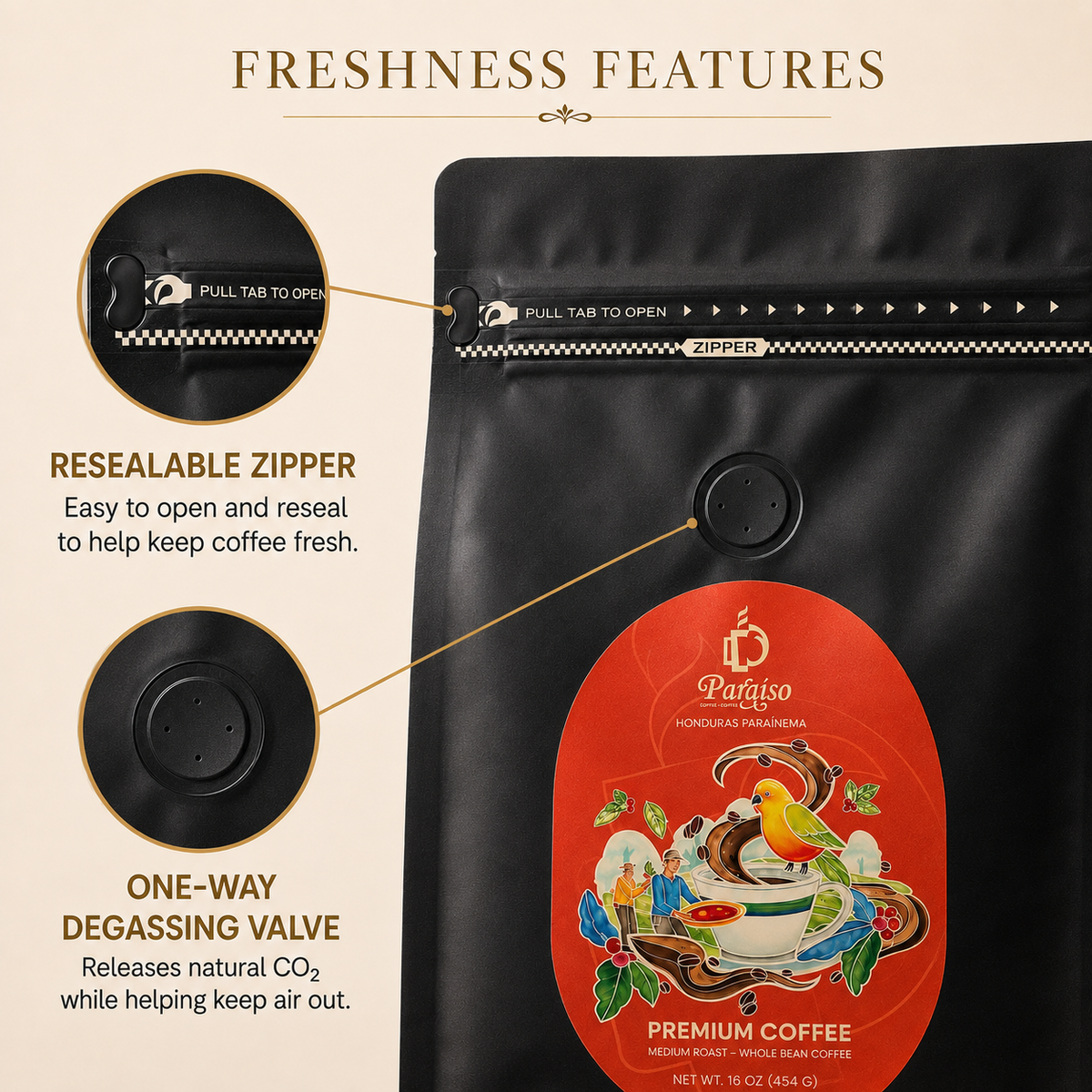 16 oz Paraiso Coffee Beans - Medium Roast Premium Whole Bean Coffee
