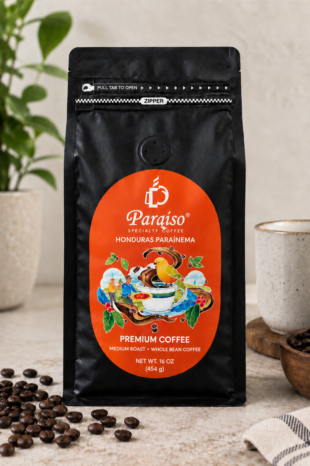 16 oz Paraiso Coffee Beans - Medium Roast Premium Whole Bean Coffee